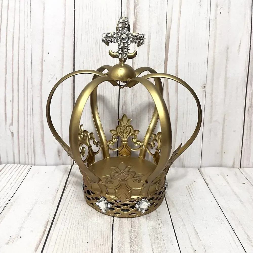 Gold Metal Crown Cake Topper Lightweight Fleur De Lis Rhinestone Design 8.5